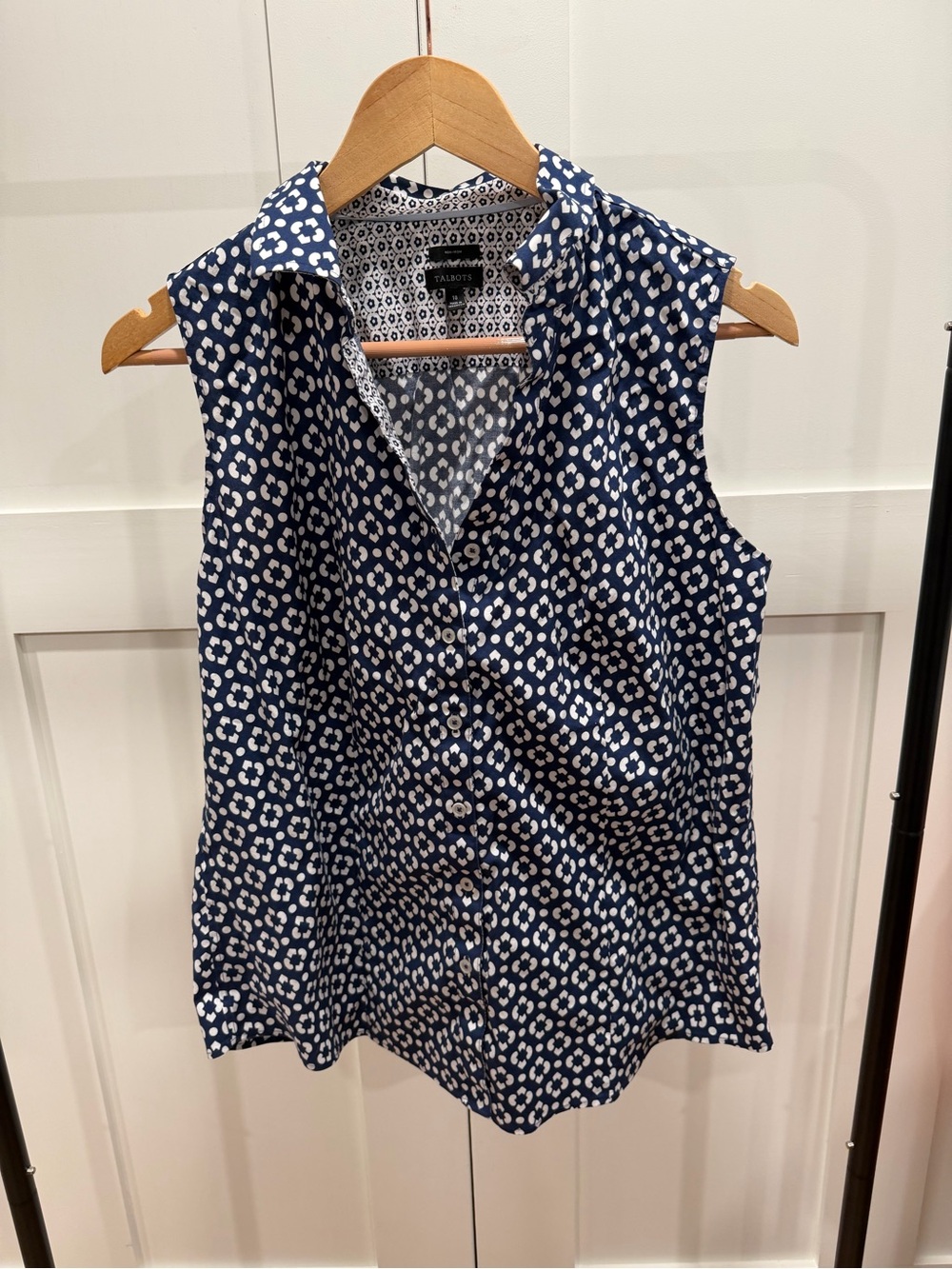 Talbots Navy and White Floral Print Blouse